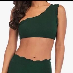 Zaful Hunter Green Textured Scalloped One Shoulder Padded Bikini Top L NWT